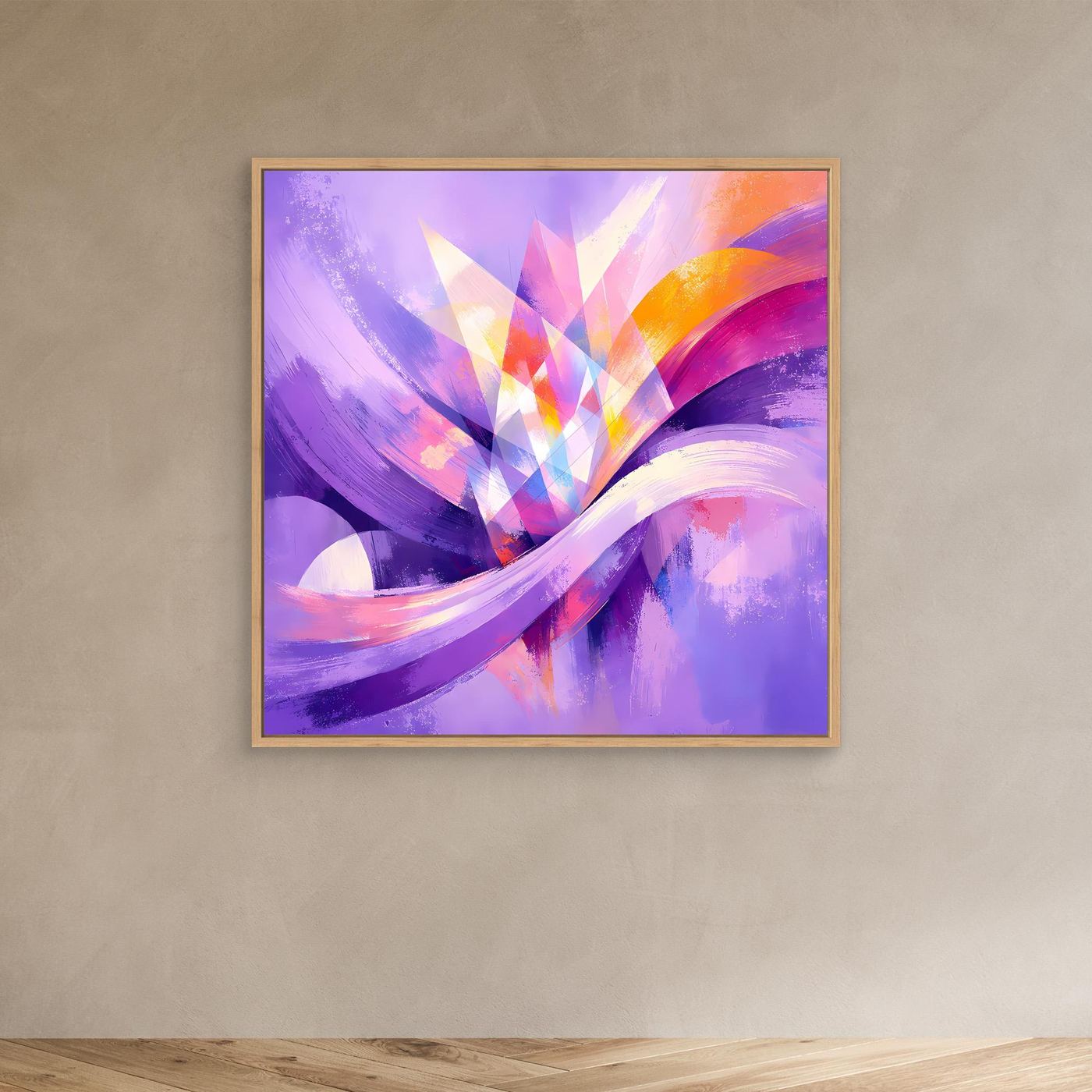 Leinwandbild mit abstraktem Blumenmotiv in Lila, Rosa und Orange, Holzrahmen