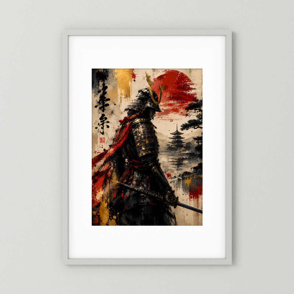 Hochformatiges Poster mit weißem Rahmen: Samurai in Schwarz mit roter Sonne, Landschaft.