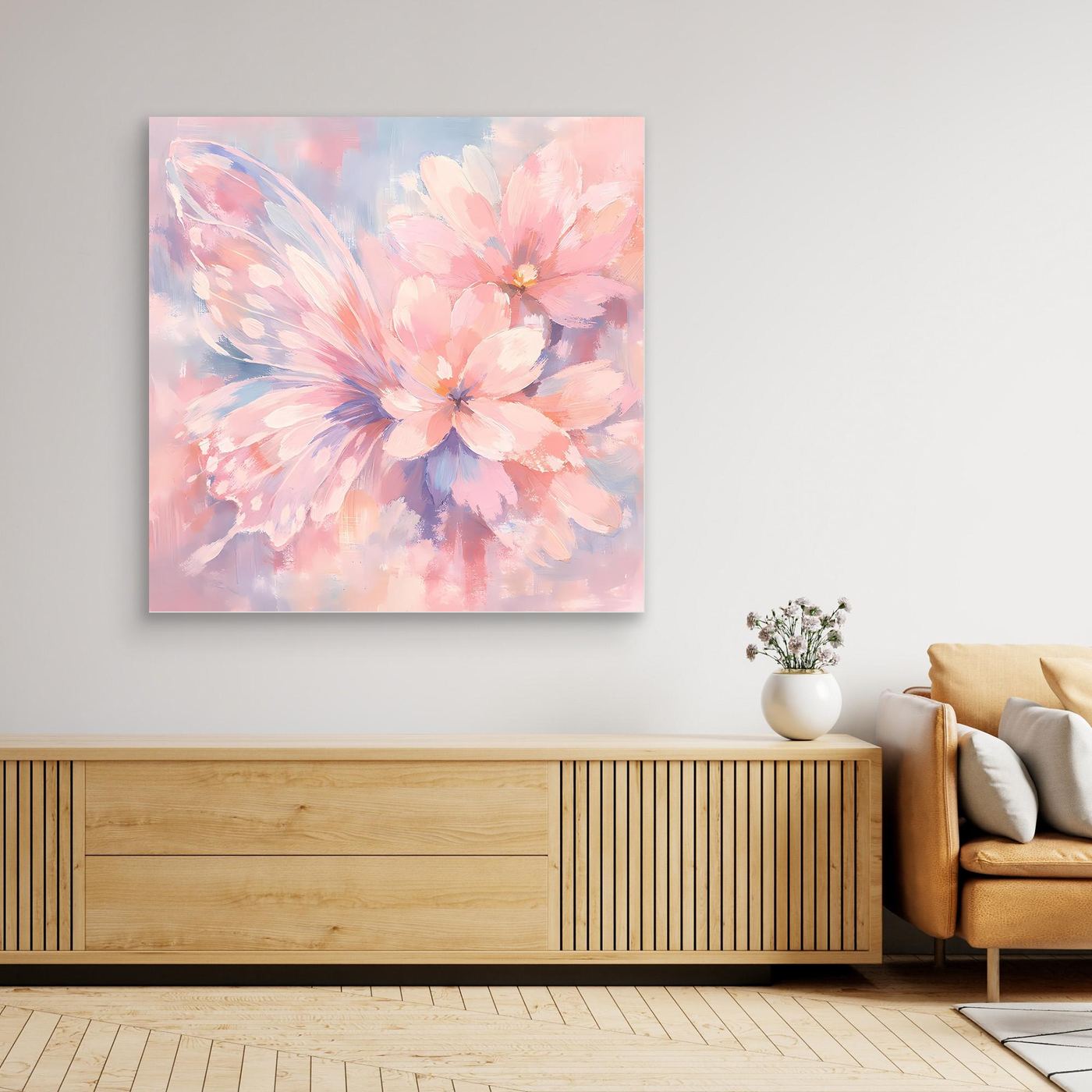 Quadratisches Leinwandbild mit Schmetterlingsblüte in Pastell, ohne Rahmen