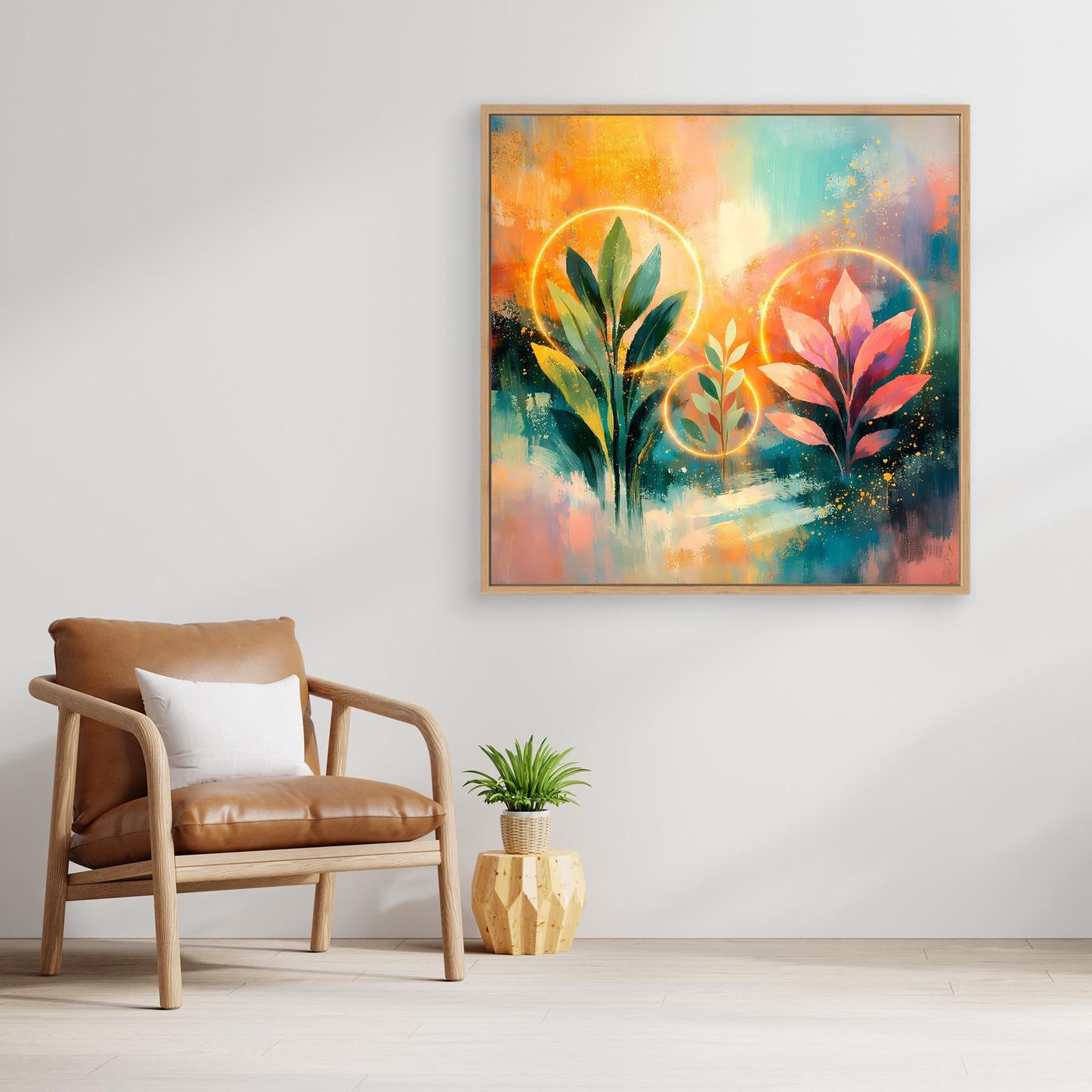 Abstraktes Pflanzen-Wandbild mit beigem Holzrahmen, leuchtende Farben und goldene Ringakzente
