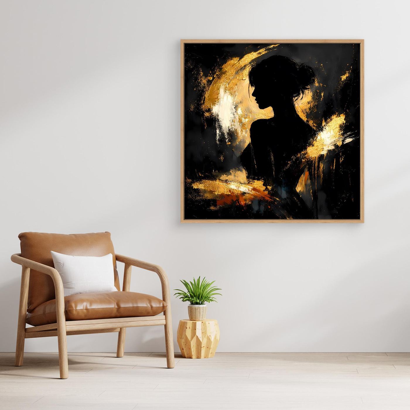 Leinwand Elegante Silhouette in Gold und Schwarz | Modernes Abstraktes Frauen Portrait Wandbild