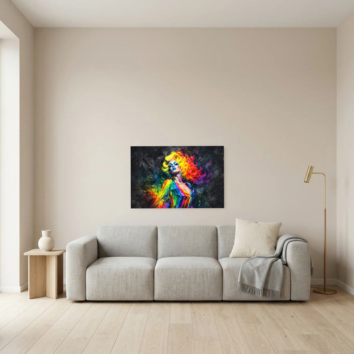 Pop-Art-Wandbild mit Porträt einer Frau, bunte Mähne und farbige Sprühpartikel