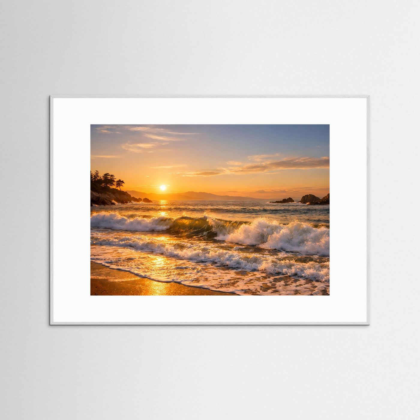 Goldener Sonnenuntergang an der Küste | Panorama Wellen & Strand Poster Querformat