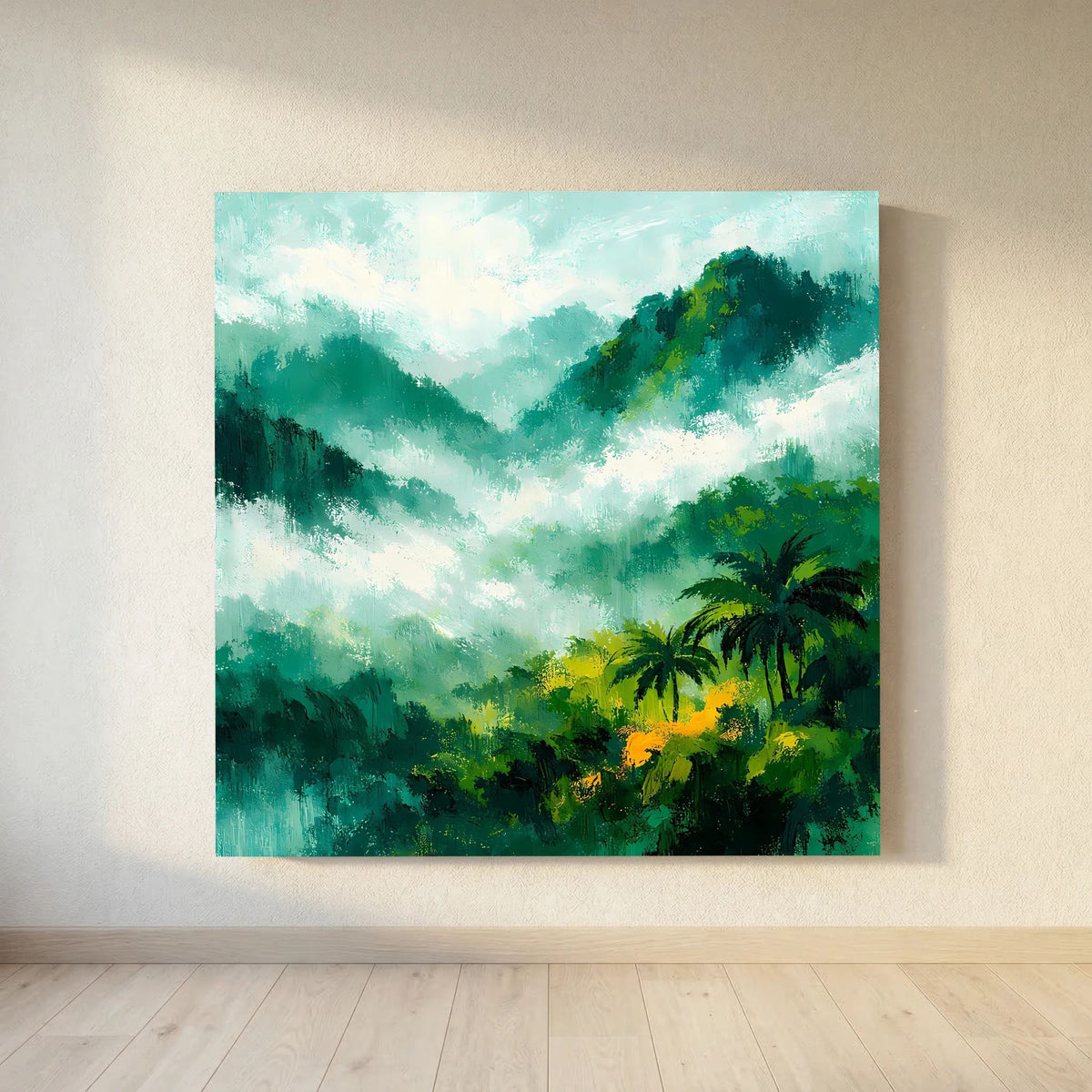 Quadratisches Leinwand-Wandbild mit abstrakten Palmen, Nebel und grünen Bergformen