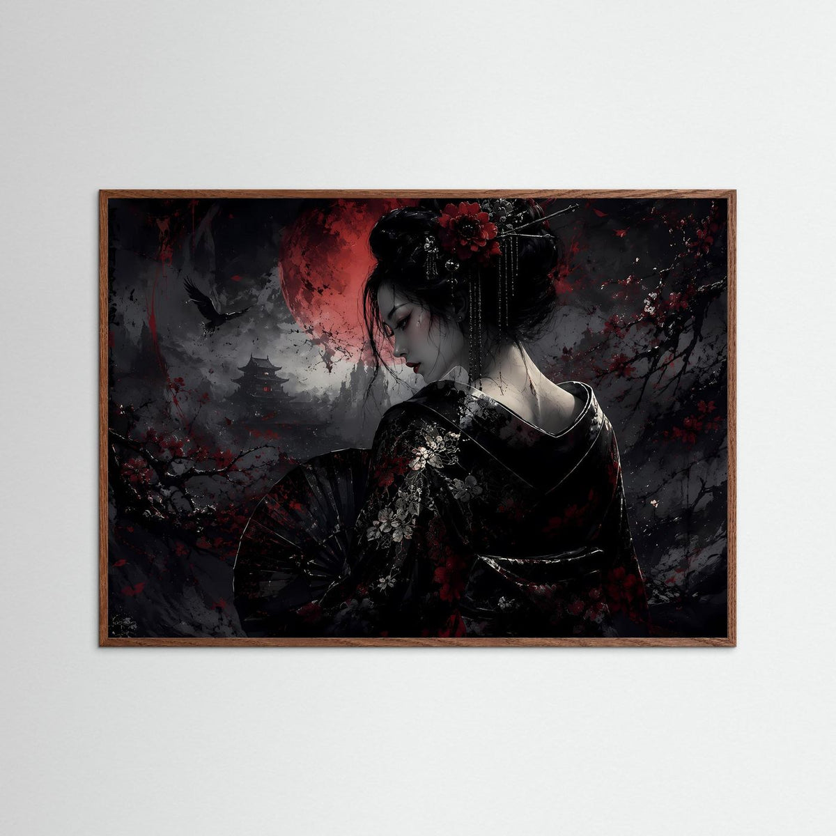 Japanische Wandkunst in dunklem Eichenrahmen: Geisha im Kimono mit rotem Mond und Kirschblüten