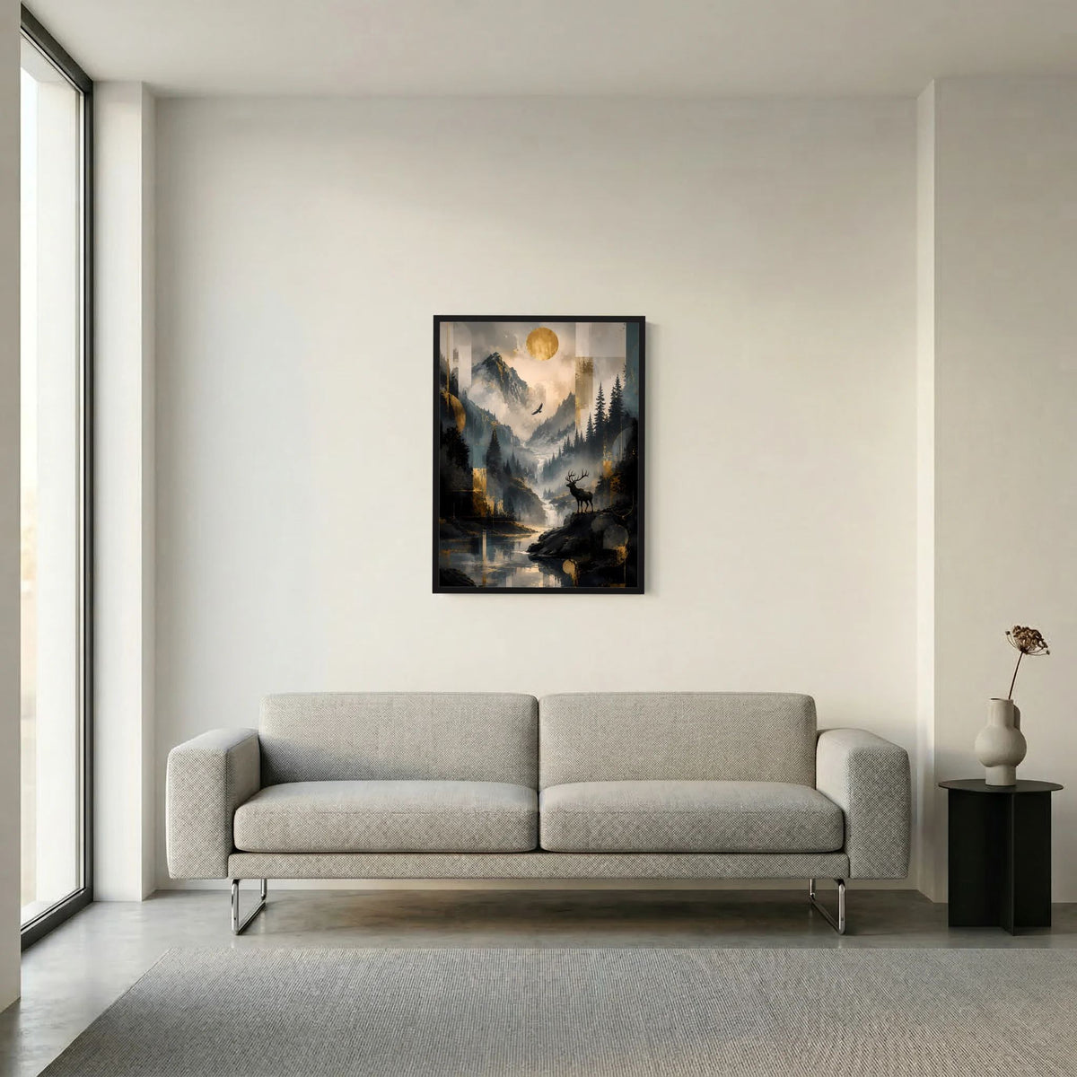 Gerahmtes Poster im Hochformat mit Berglandschaft und Hirsch