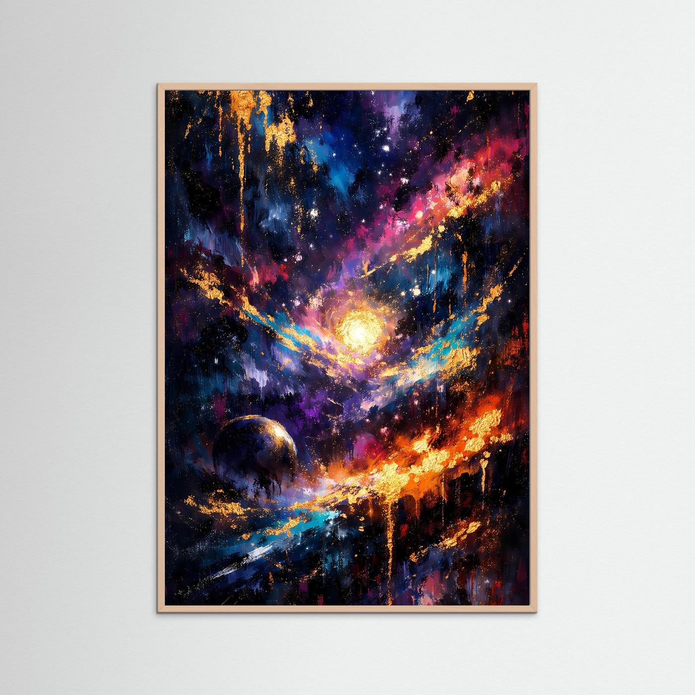 Hochformat-Weltallposter mit abstrakter Galaxie, leuchtender Sonne, Rosenholzrahmen