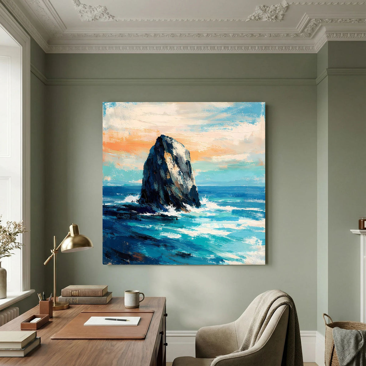 Leinwand-Wandbild mit Felsen in der Brandung, abstrakte Meeresfarben in Blau und Orange
