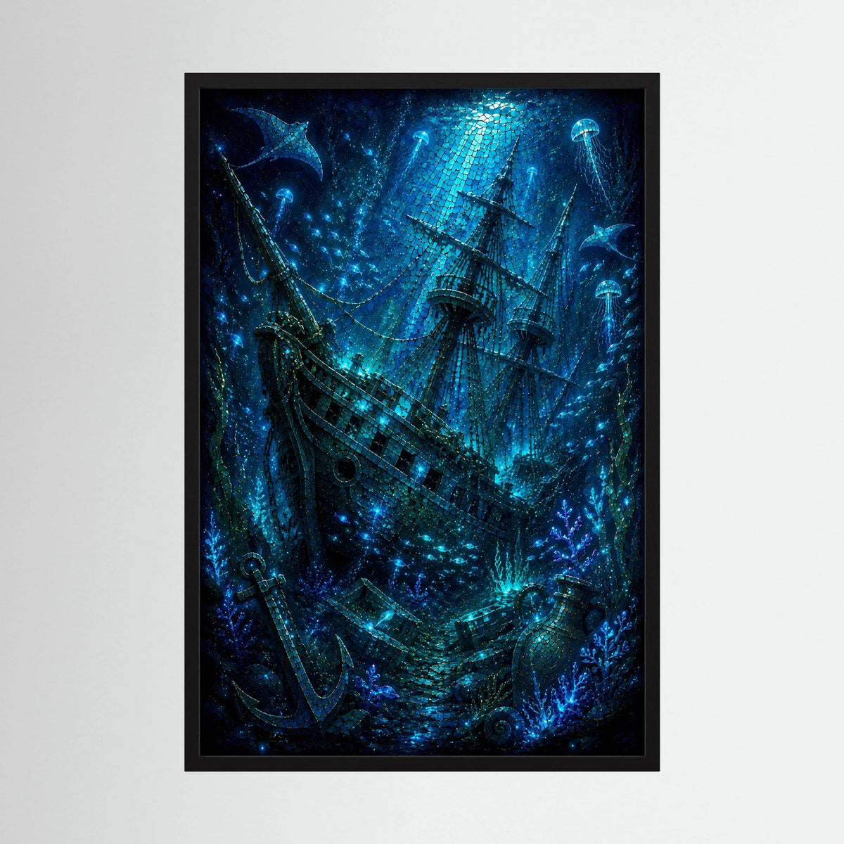 Kunstposter mit Unterwasser-Geisterschiff, leuchtend blau, im schwarzen Rahmen