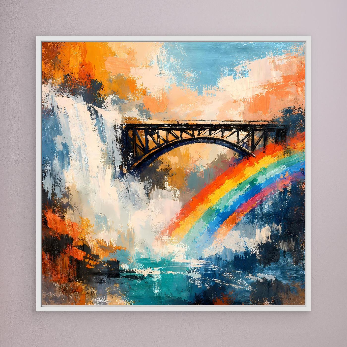 Abstraktes Leinwand-Wandbild mit Wasserfall, Brücke & Regenbogen, weißer Rahmen