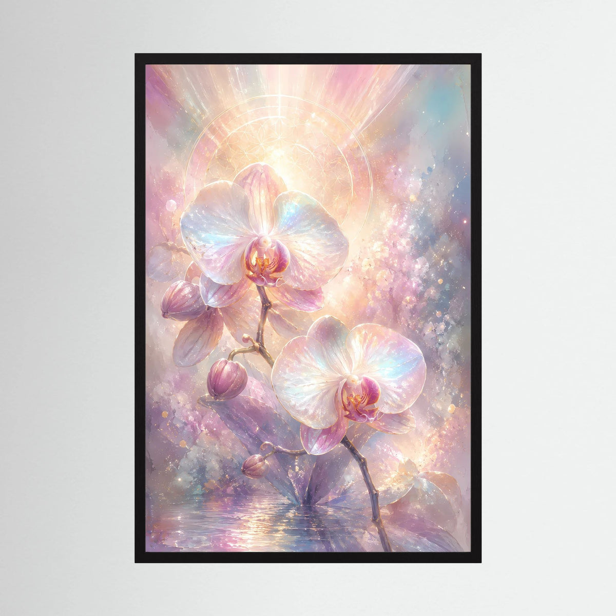 Hochformat-Poster mit pastellfarbenen Orchideenblüten in schwarzem Rahmen