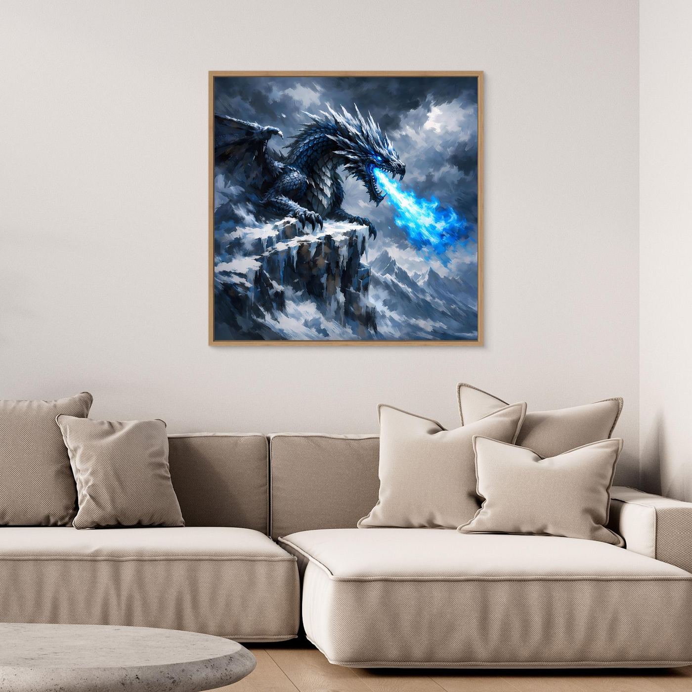 Leinwand Eisdrache auf stürmischem Berggipfel | Episches Fantasy-Wandbild auf echter Leinwand