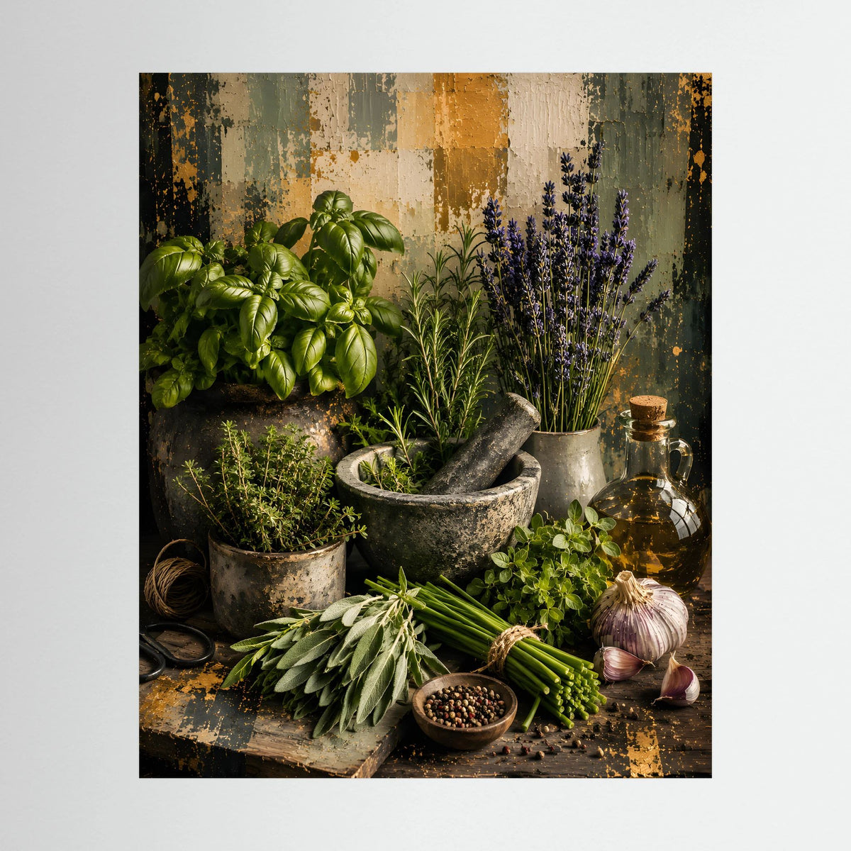 Küchenposter mit Stillleben aus Basilikum, Lavendel und Kräutern in Töpfen