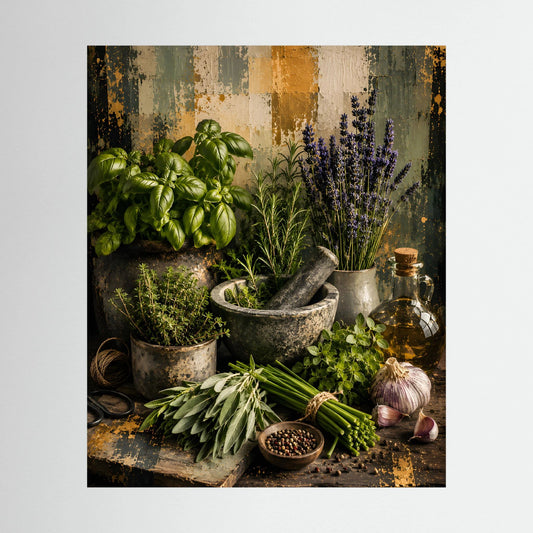 Küchenposter mit Stillleben aus Basilikum, Lavendel und Kräutern in Töpfen