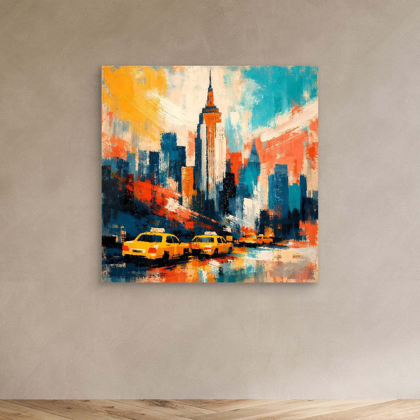Abstraktes Leinwandbild mit New-York-Skyline und gelben Taxis, Farben in Blau, Orange und Gelb.