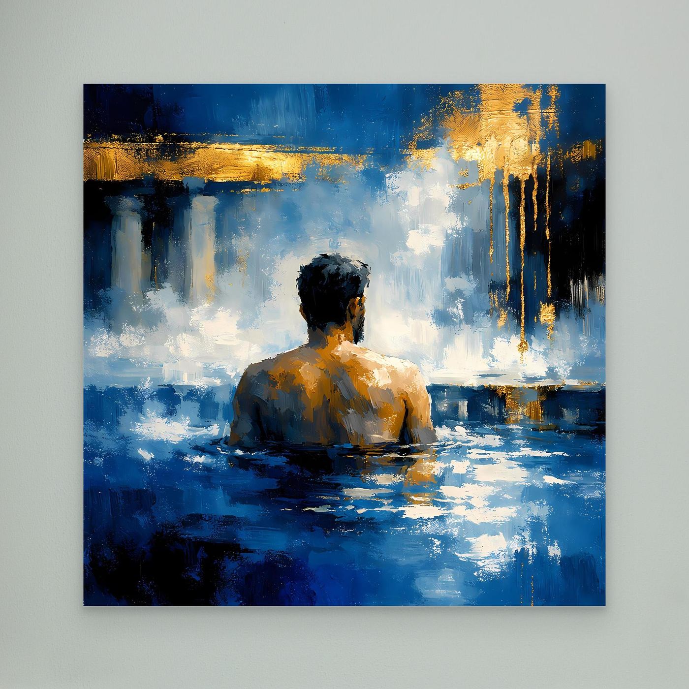 Leinwand-Wandbild: Mann im Bad, abstrakte Szene mit blauen Wasserflächen und goldenen Akzenten