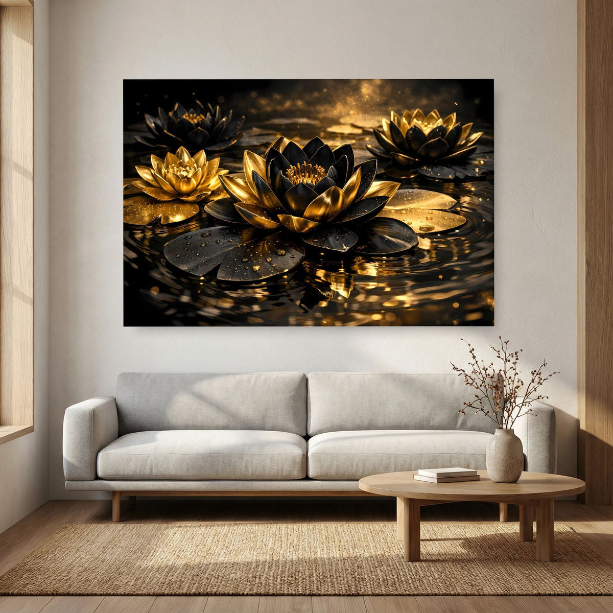 Wandbild im Querformat mit goldenen Lotusblüten auf dunklem Wasser, viele Tropfen