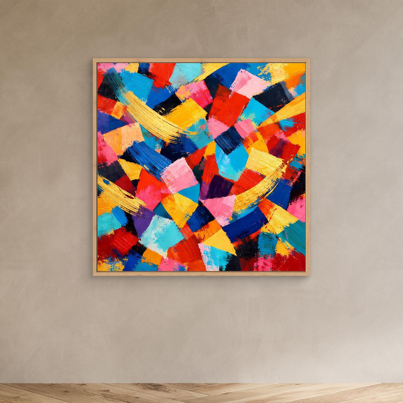 Abstraktes Leinwandbild mit bunten Pinselstrichen und gelben Akzenten, Holzrahmen
