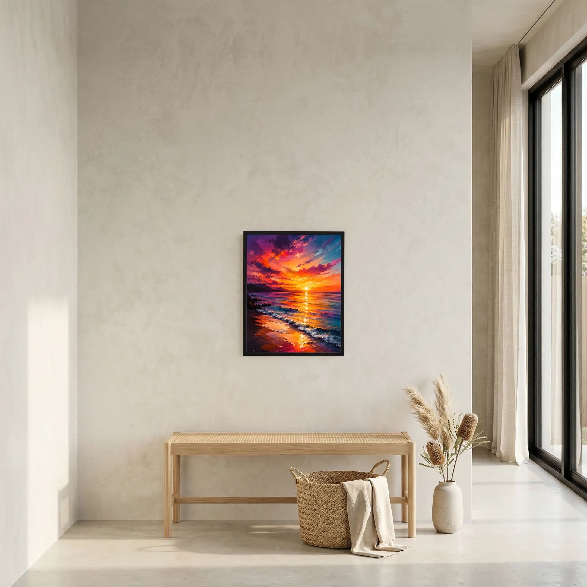 Gerahmtes Kunstposter im Hochformat mit Sonnenuntergang am Meer, leuchtende Farben