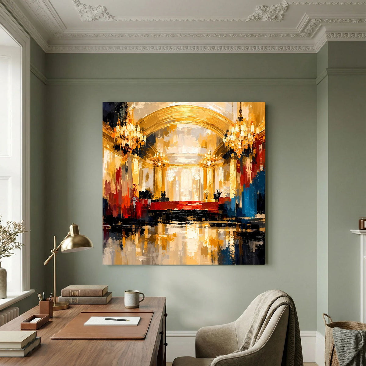 Leinwand Abstraktes Palast Saal Gemälde | Modernes Elegantes Wandbild Ballsaal Gold Rot