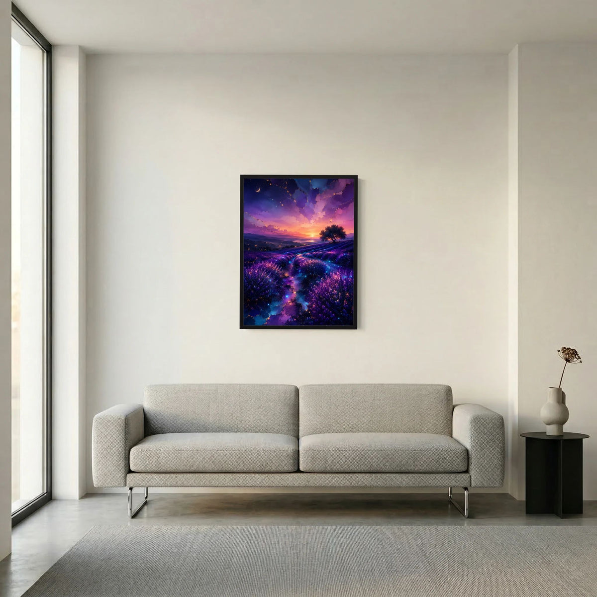 Lavendelfeld-Wandposter mit Sonnenuntergang, Lila- und Blautöne, dunkler Rahmen.