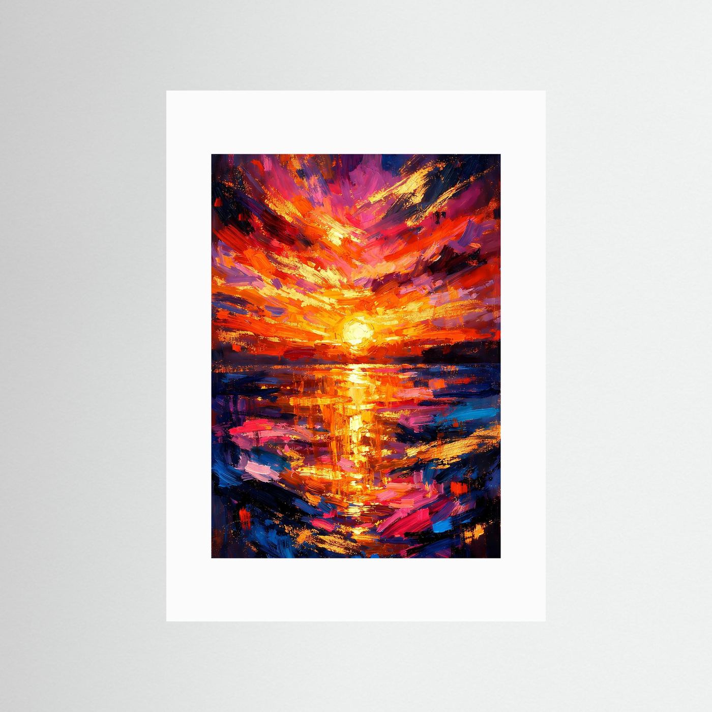 Poster mit weißem Passepartout: abstrakter Sonnenuntergang über dem Meer, Gold, Orange & Blau