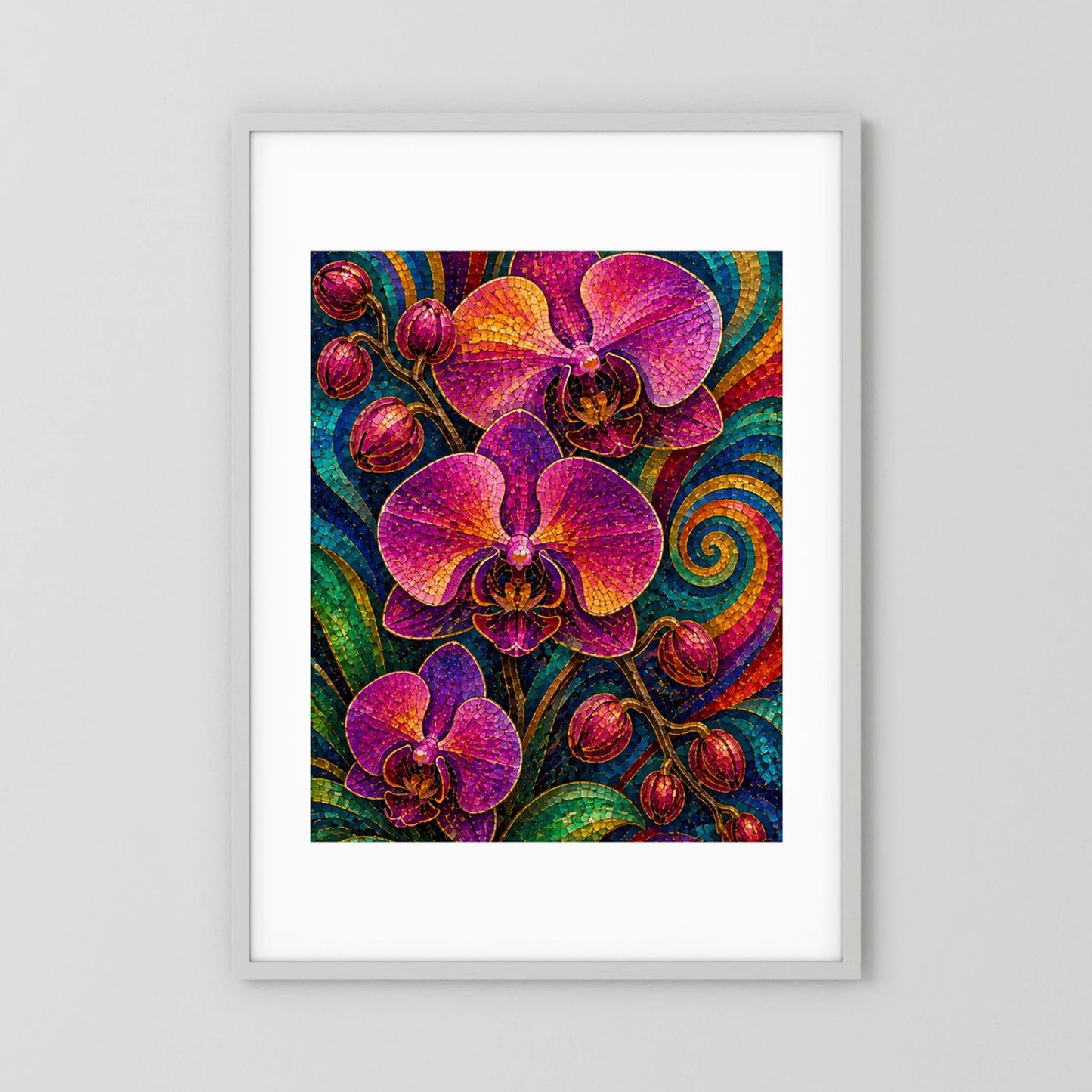 Orchideen-Mosaikposter mit violetten Orchideen, weißer Rahmen mit weißem Passepartout
