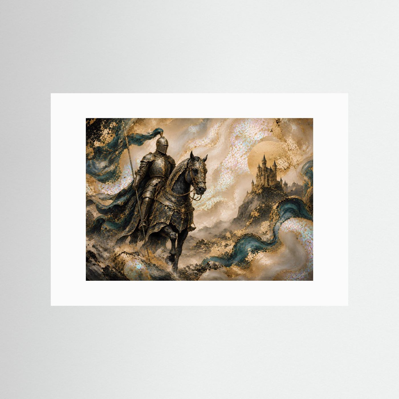 Mittelalterlicher Ritter auf Pferd | Fantasy Schloss in Gold & Petrol