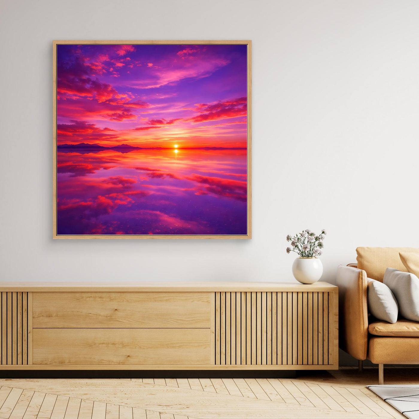 Leinwandbild mit Sonnenuntergang über dem Meer, buntes Wolkenmotiv, holzfarben gerahmt