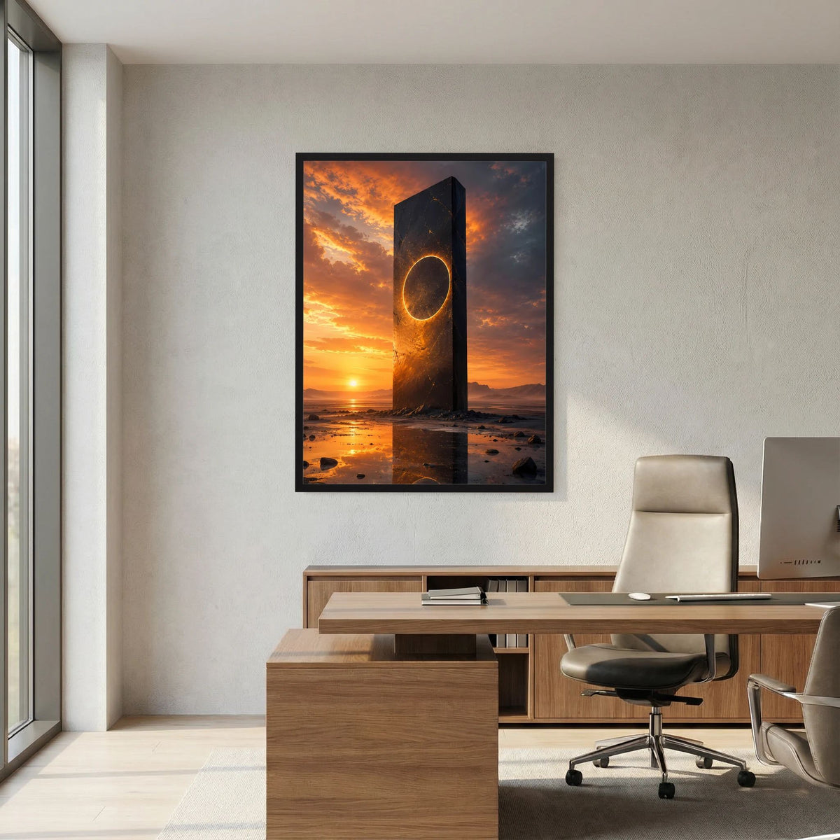 Hochformatiges Poster mit schwarzem Monolithen, goldener Kreisöffnung und Sonnenuntergang über Wasser