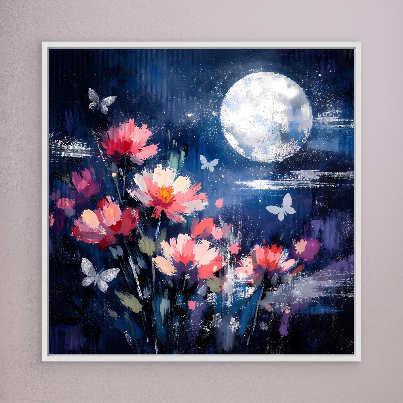 Leinwand-Wandbild mit hellem Mond über dunklem Hintergrund, pinke Blumen und Schmetterlinge, weiß