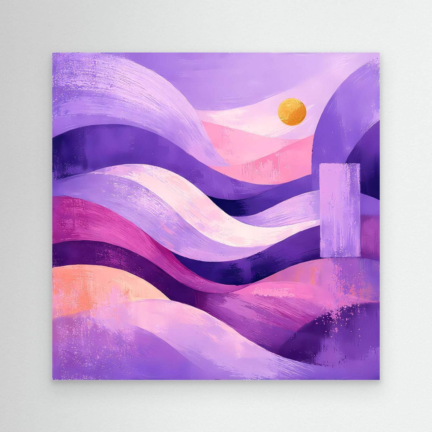 Abstraktes Leinwandbild mit Dünen in Lila und Pink, goldener Kreis und violette Säule
