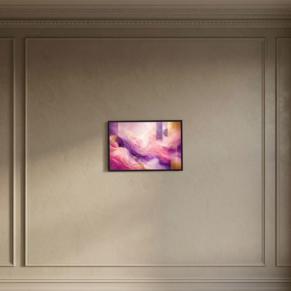 Kleines gerahmtes Poster mit abstrakten Wellen in Pastellrosa und Violett, Goldakzenten, dunkler Rahmen