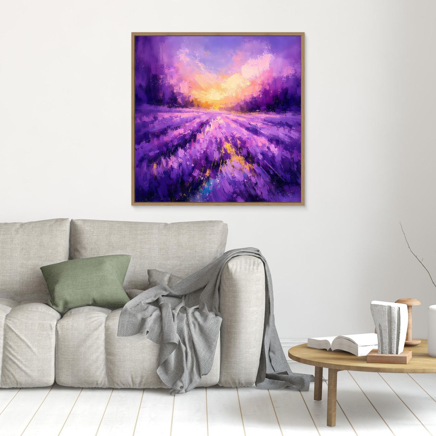Lavendel-Wandbild auf Leinwand mit Holzrahmen, abstrakte violette Blumenfelder und warmer Himmelton