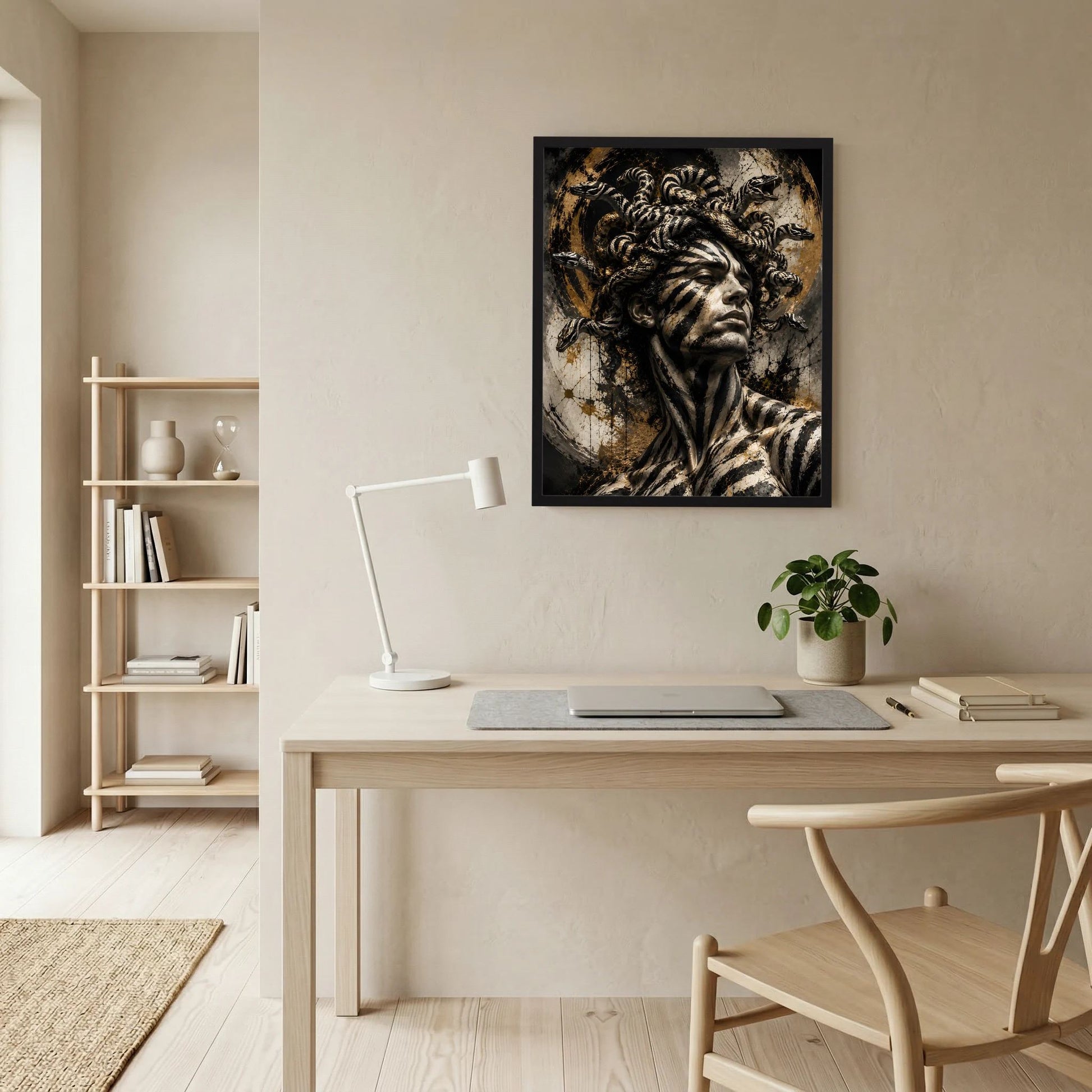 Gerahmtes Hochformat-Wandposter mit Gorgonen-Kriegerprofil und Schlangenhaar, schwarz-gold