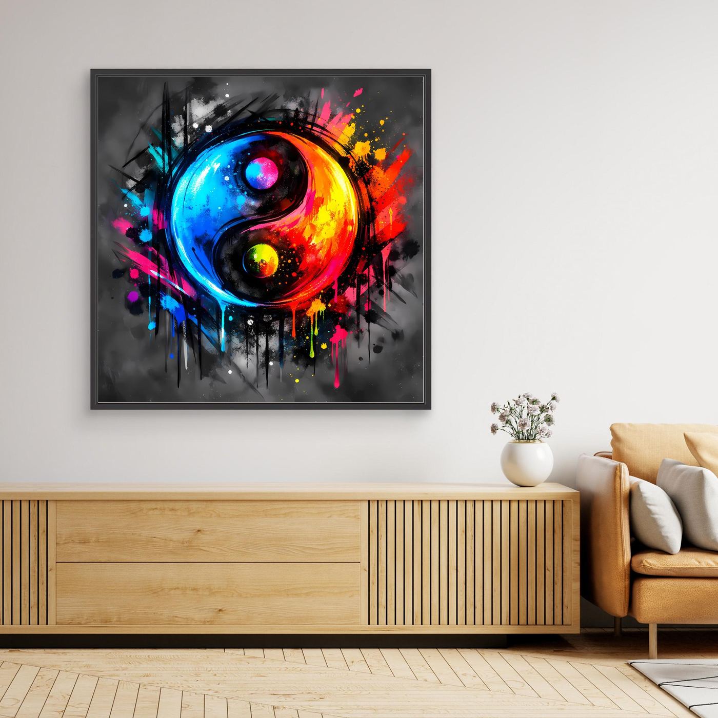 Schwarz gerahmtes Leinwandbild mit buntem Yin-Yang auf dunklem Untergrund