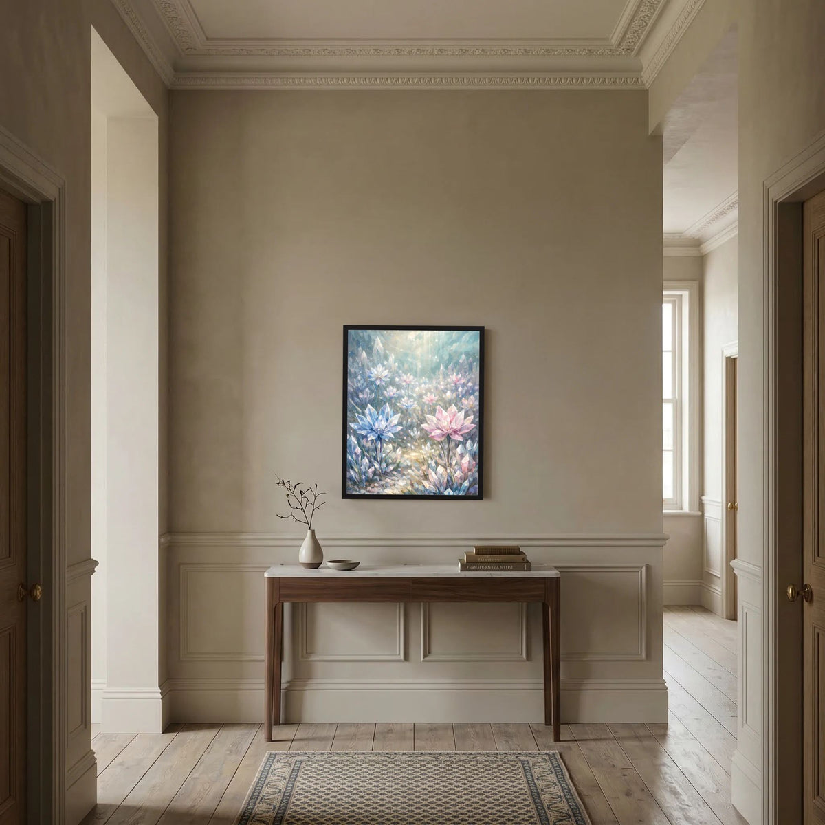 Gerahmtes Hochformat-Poster mit pastellfarbenen Kristallblüten in Blau und Rosa