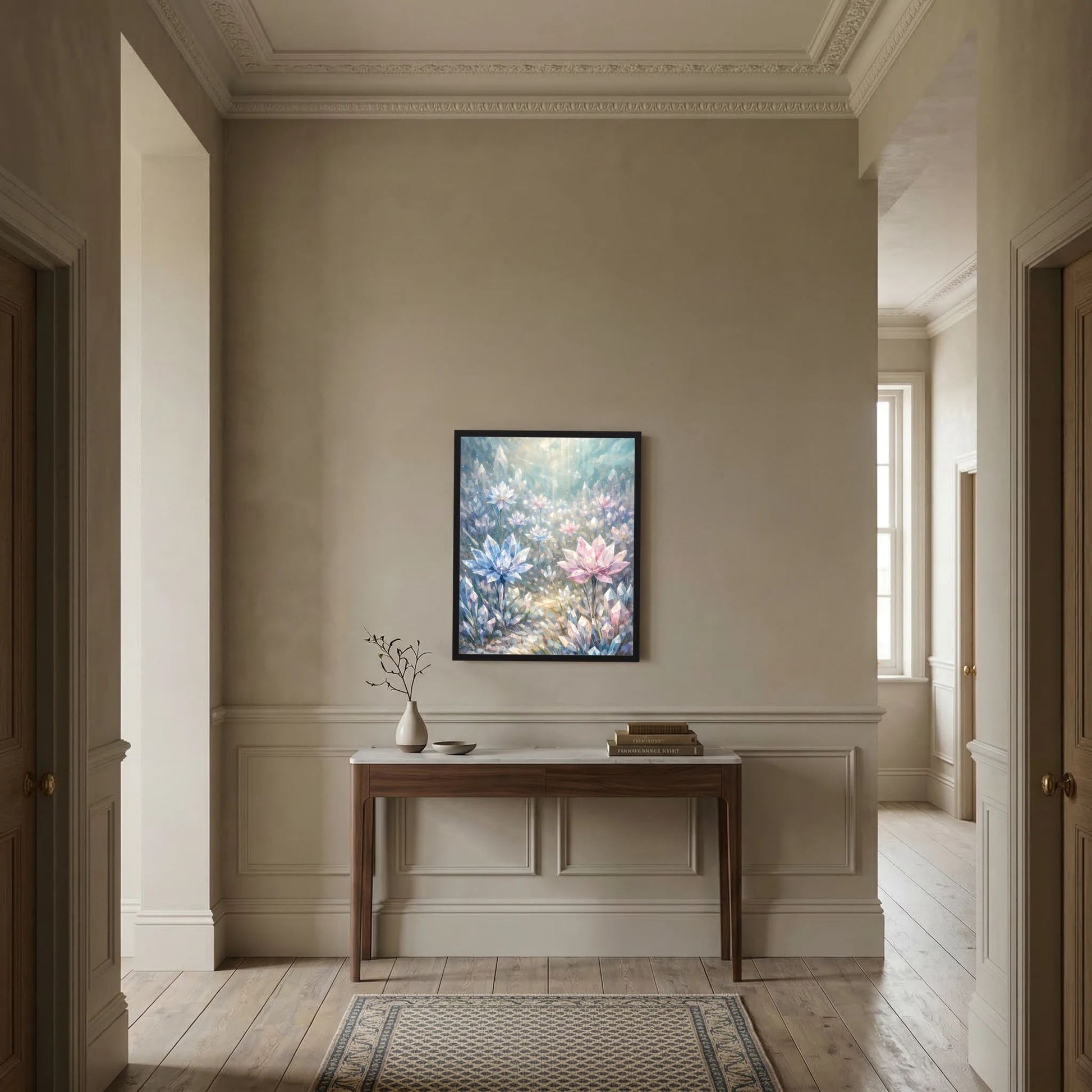 Gerahmtes Hochformat-Poster mit pastellfarbenen Kristallblüten in Blau und Rosa