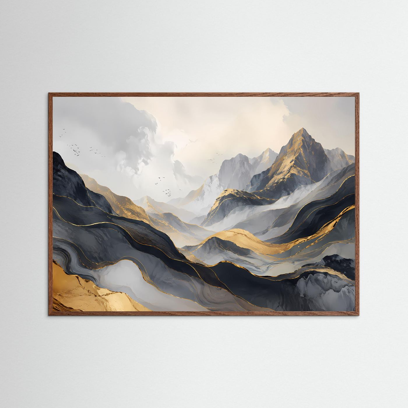 Panorama-Berglandschaft-Poster mit dunklem Eichenrahmen, abstrakte Berge in Grau, Schwarz, Gold