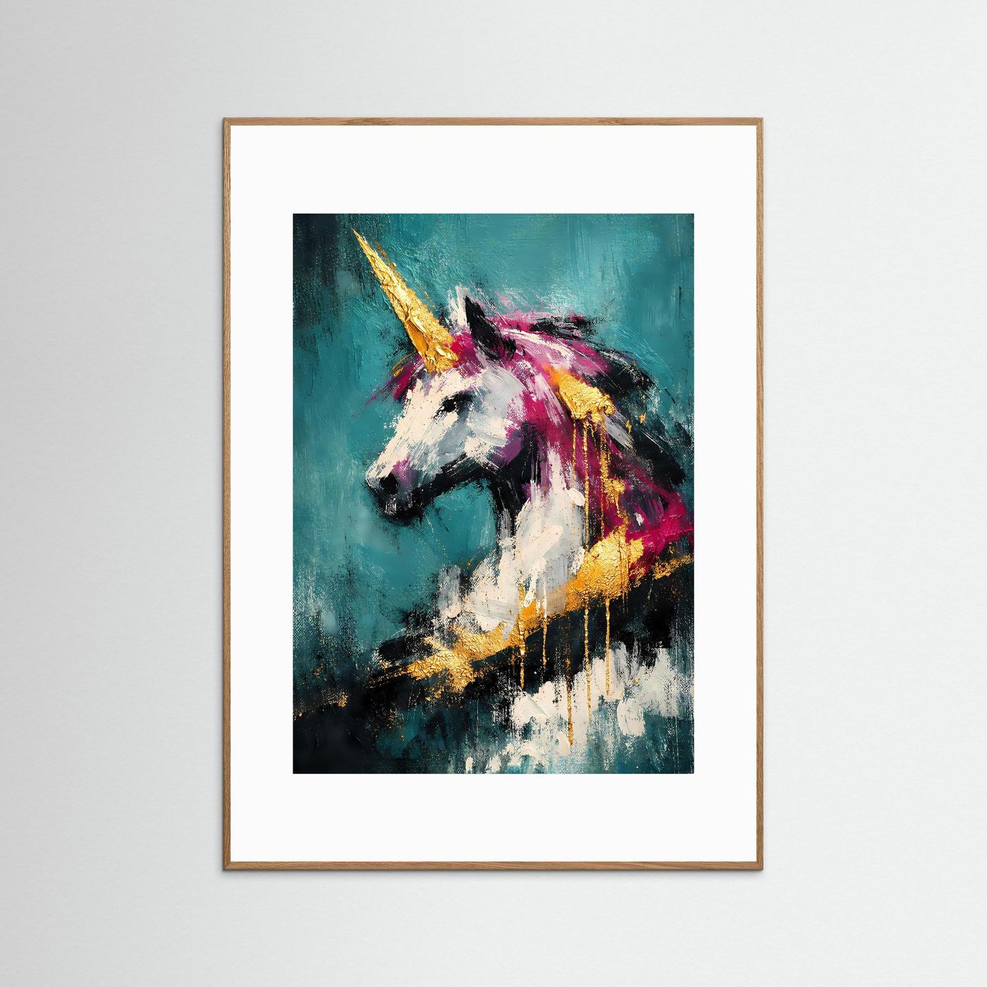 Kunstposter Einhornkopf türkis Goldhorn magenta im hellbraunen Rahmen