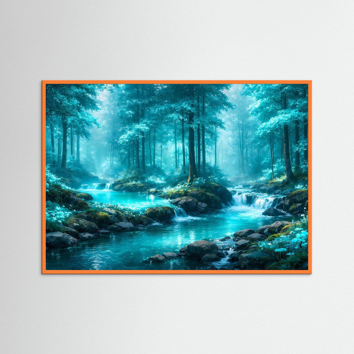 Wandbild mit orangefarbenem Rahmen: Waldfluss mit türkisblauem Wasser und Steinen