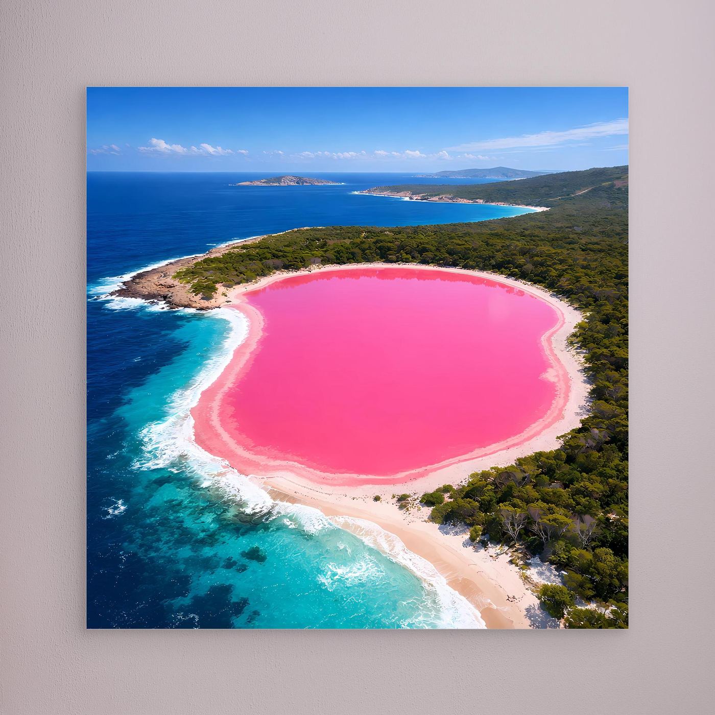 Leinwandbild mit rosa See und türkisfarbener Küste im Hochformat, ohne sichtbaren Rahmen