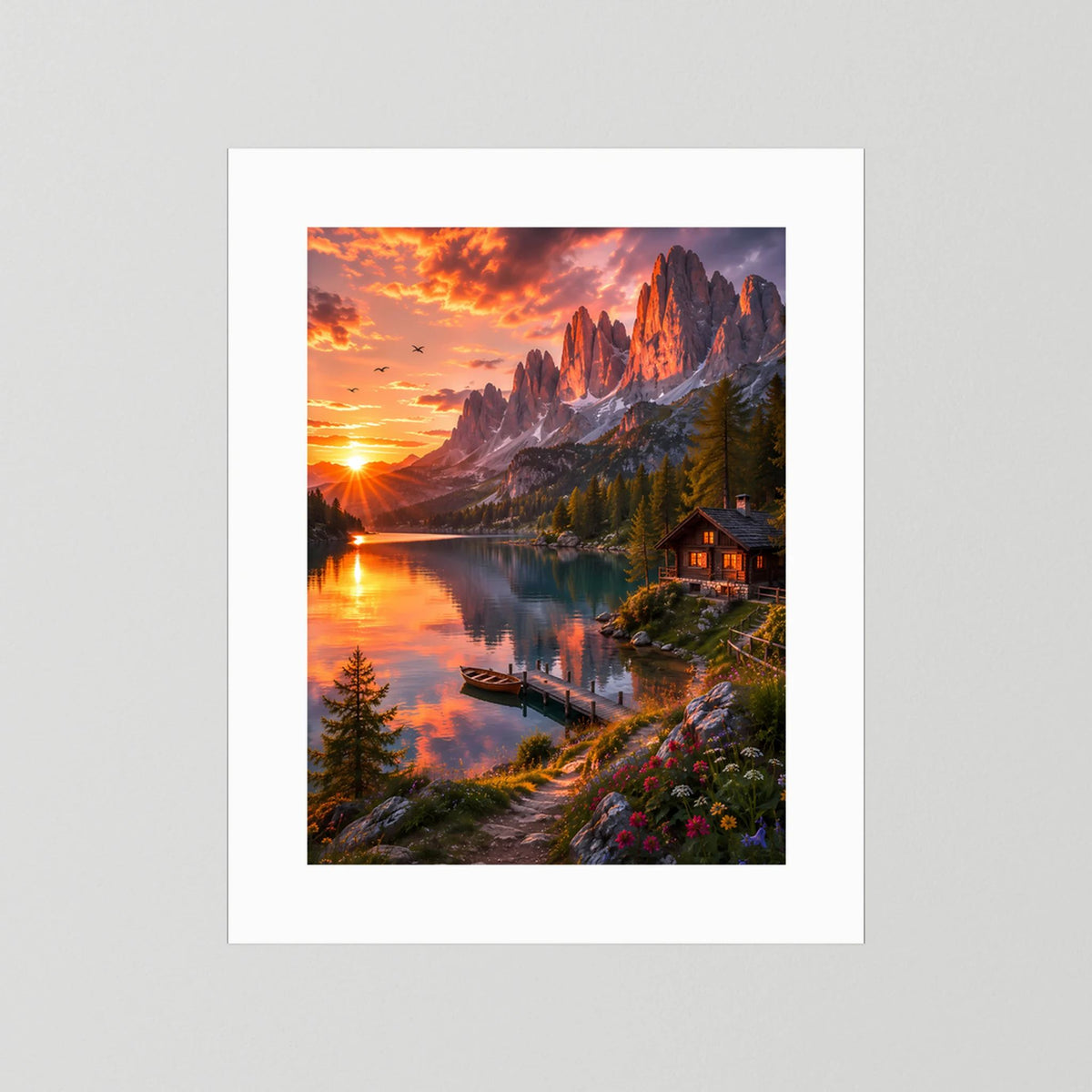 Hochformatiges Poster mit Sonnenuntergangslandschaft, See und Berghütte, ohne Rahmen