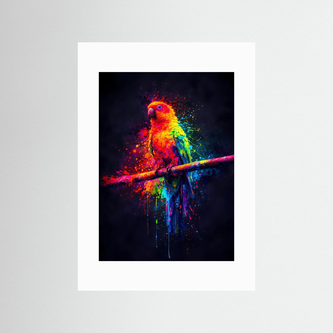 Tropische Farbexplosion | Neon Papagei Poster in bunten Regenbogenfarben | Abstraktes Kunstposter Hochformat