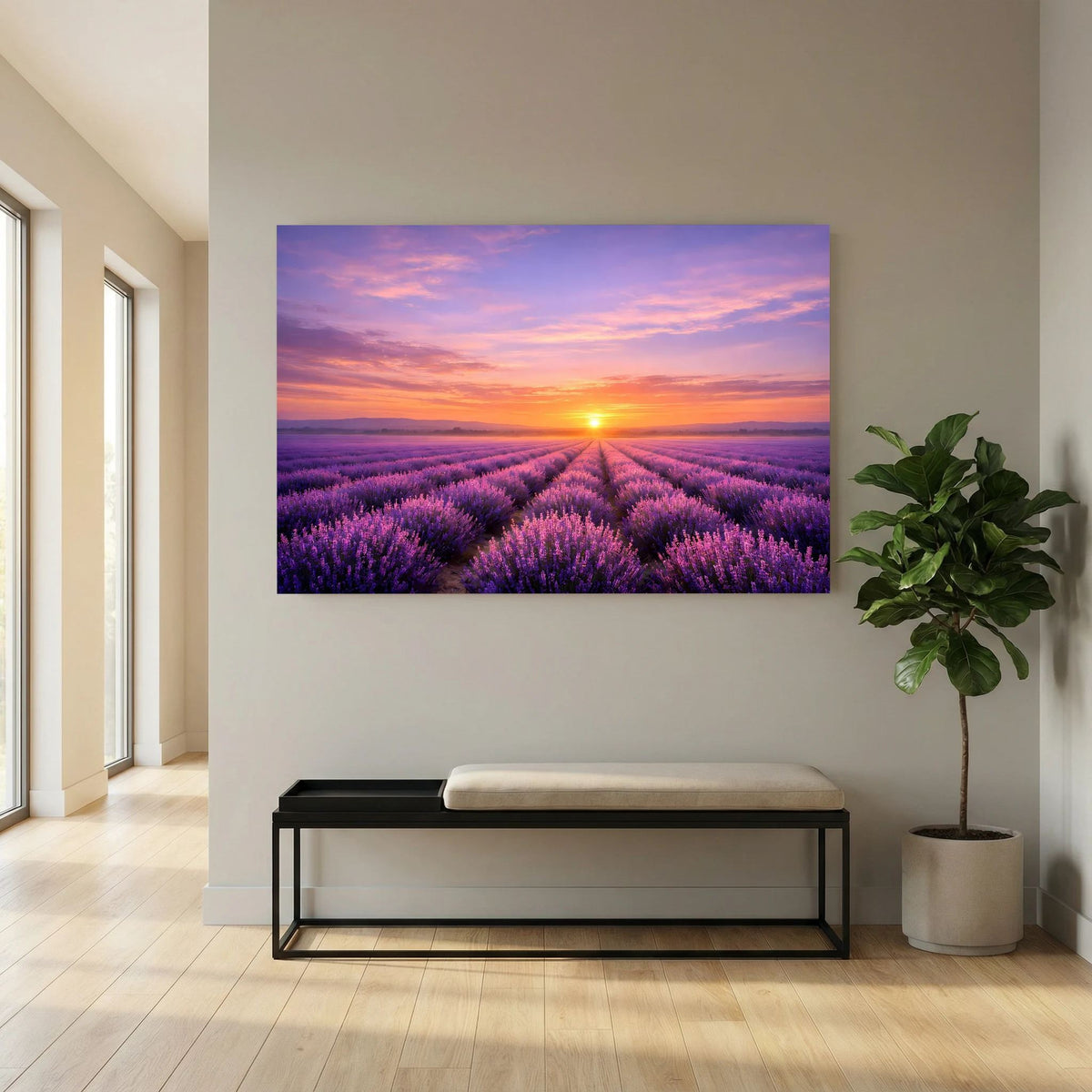 Wandbild im Querformat mit Lavendelfeld und orangefarbener Sonne am Horizont