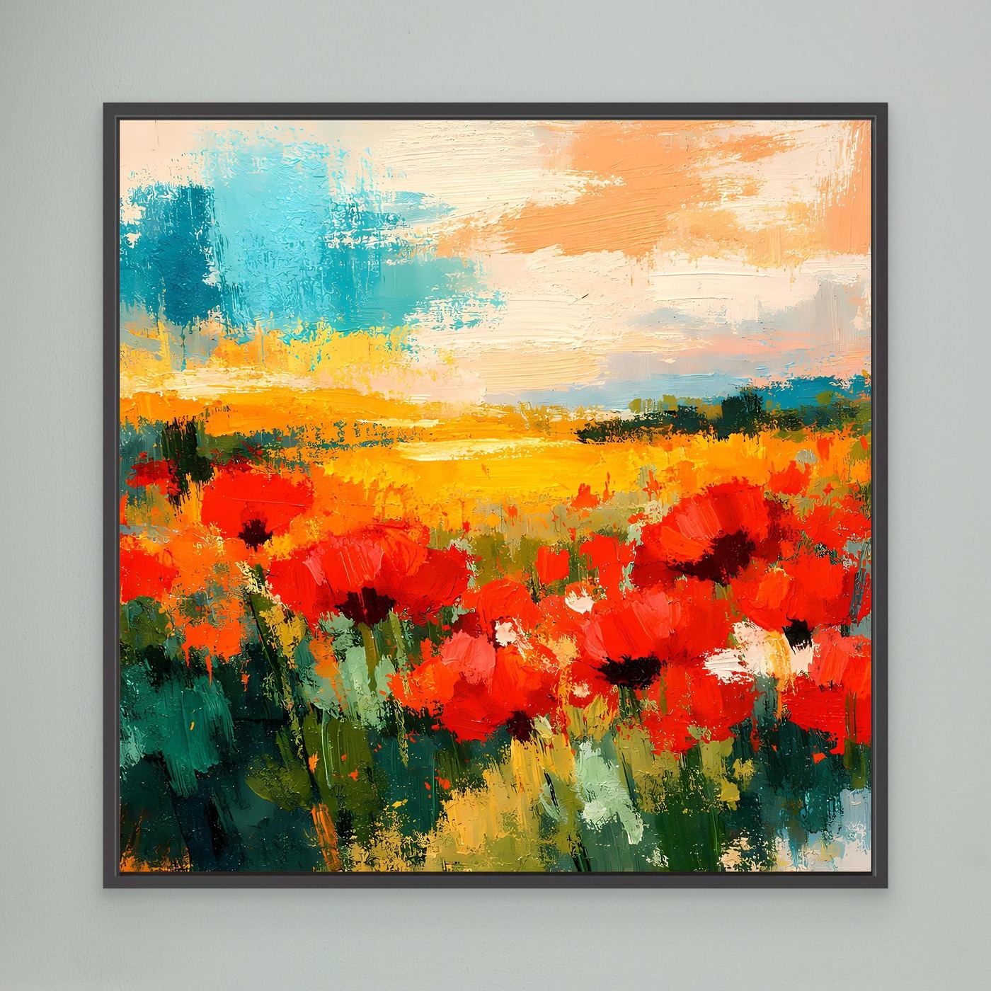 Abstract poppy field wall art with red flowers and orange horizon, black frame