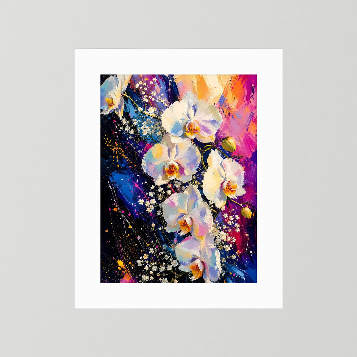 Poster mit abstrakten weißen Orchideen in Pink, Blau und Gold, weißer Passepartout