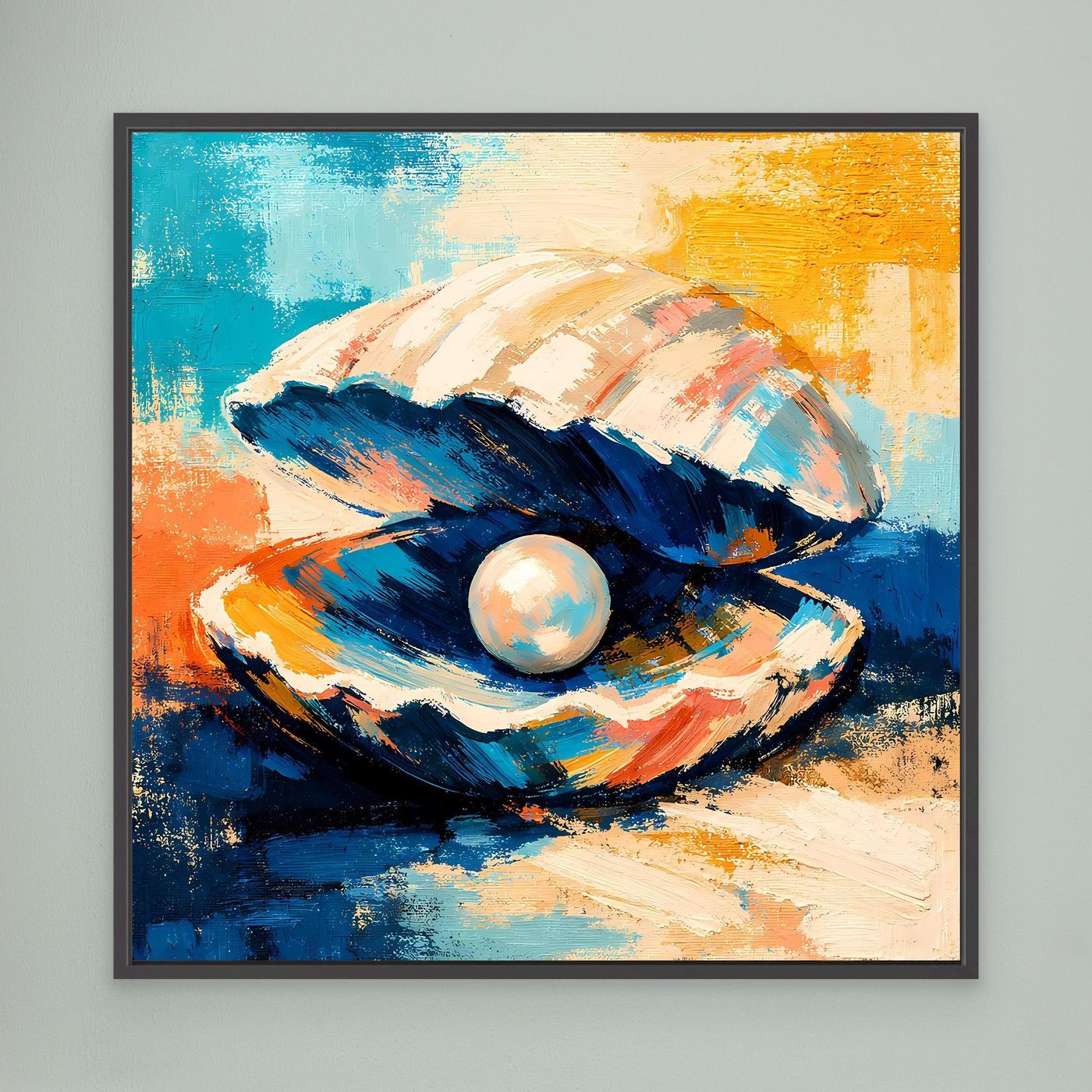 Black-framed abstract canvas wall art of a seashell with pearl, blue and orange brushstrokes.