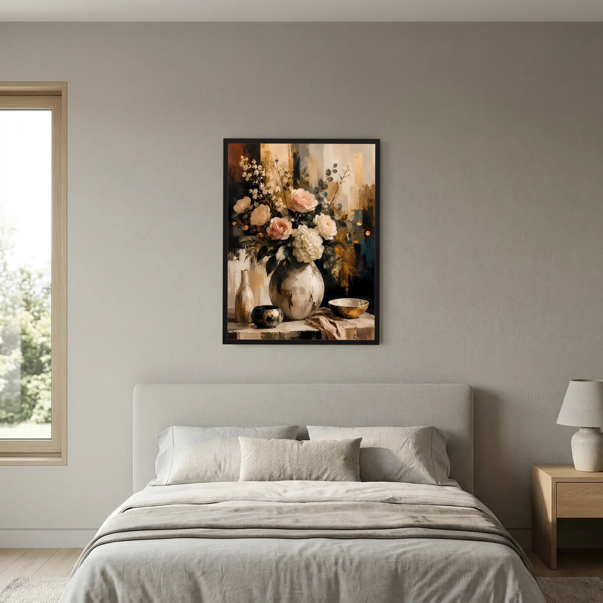 Blumenstillleben-Poster im Hochformat: Rosen und Hortensien in Vase, schwarz gerahmt