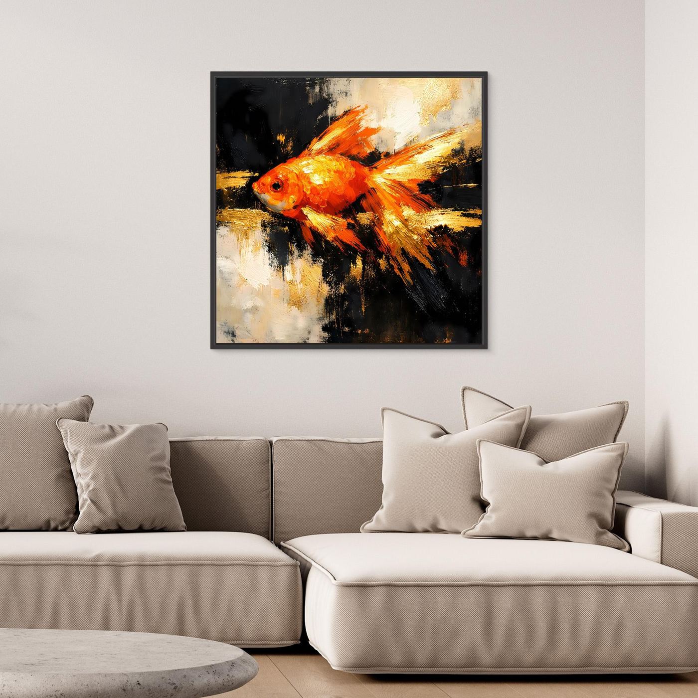 Leinwand Dynamischer Goldfisch in Orange und Gold | Abstraktes Tier Wandbild